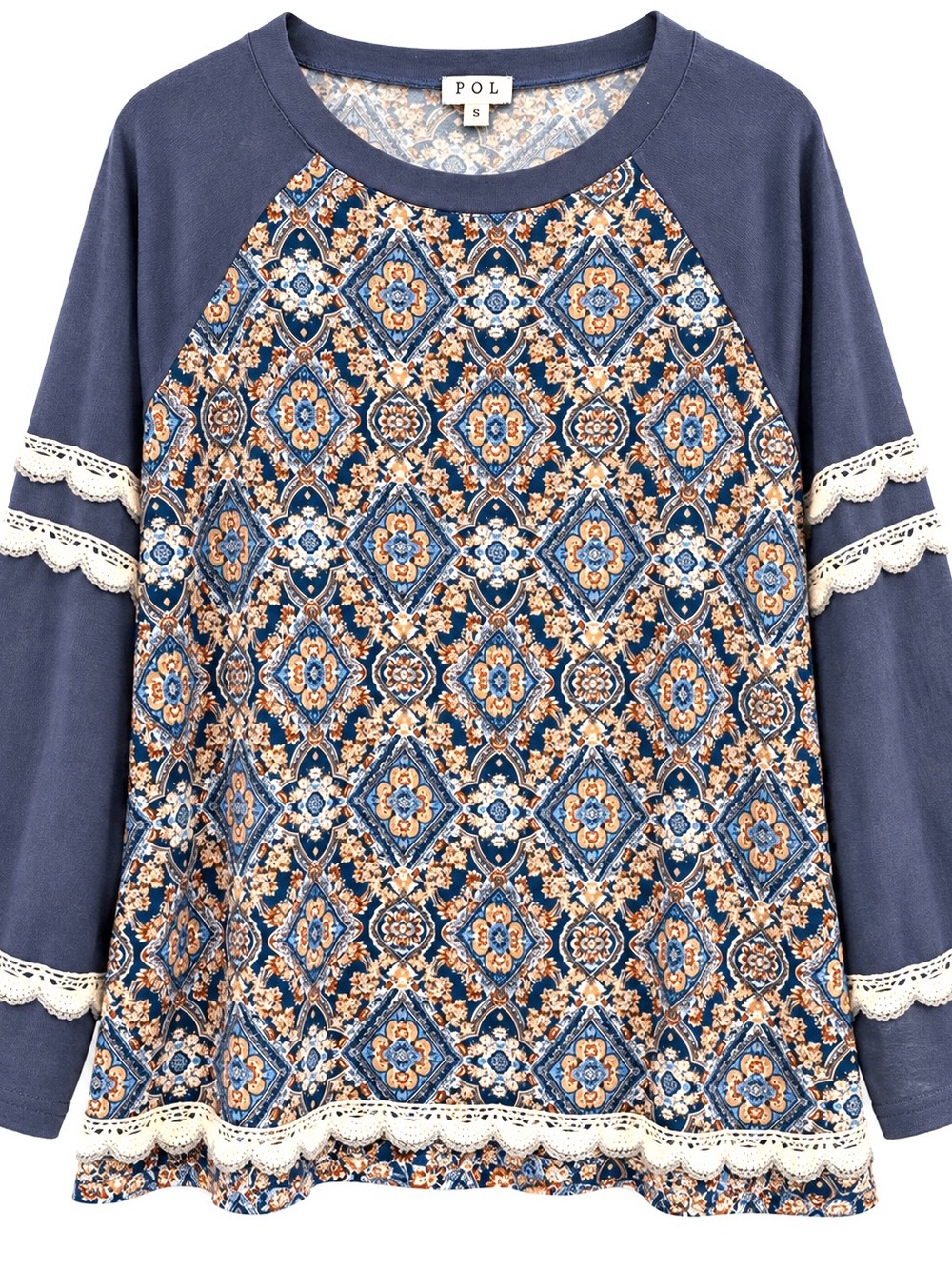 POL navy blue floral raglan sweatshirt with cream lace trim